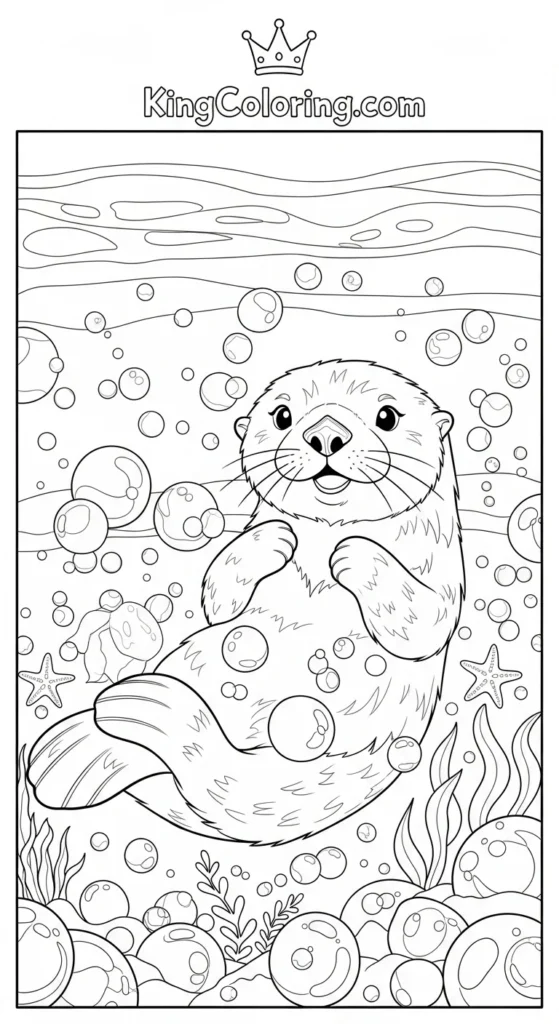 Sea Otter Surrounded By Bubbles Coloring Sheet.