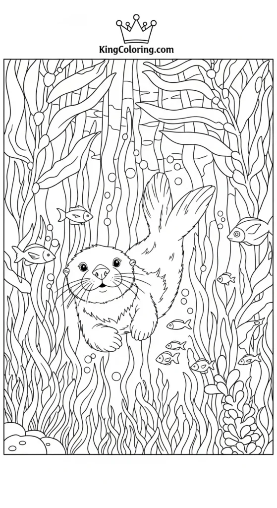 Sea Otter Swimming Through Kelp Forest Printable Coloring Page.