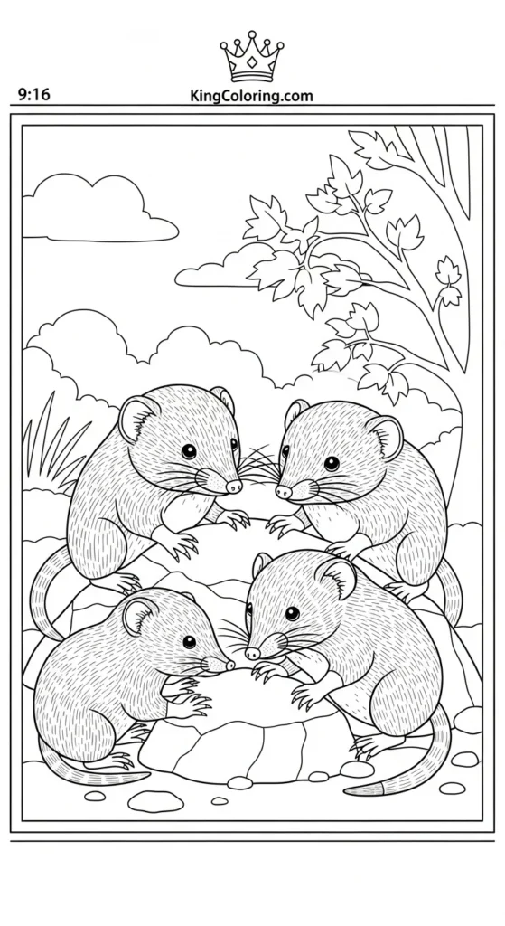 Shrew Babies Playing Near Small Rock Printable Coloring Page