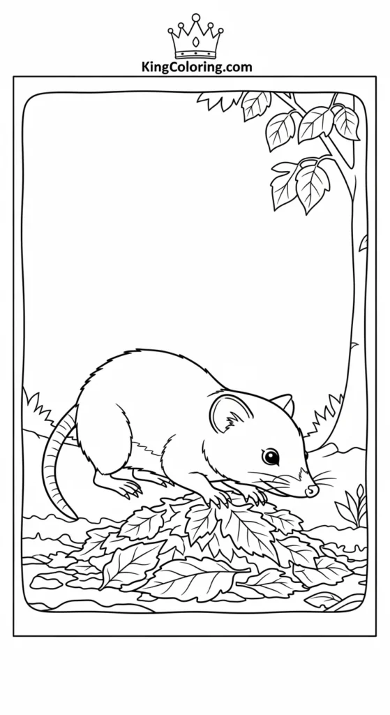 Shrew Exploring Leaf Pile Printable Coloring Page