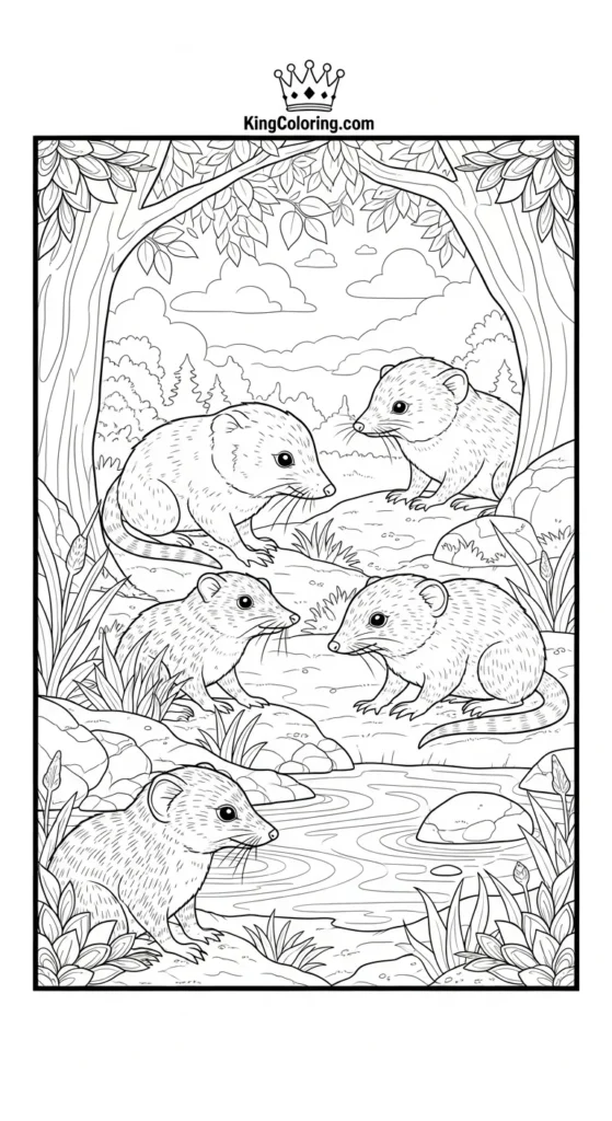 Shrew Family Near Small Pond Coloring Page
