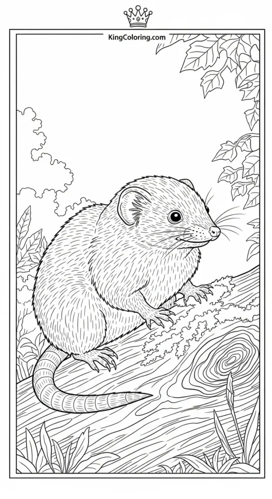 Shrew Sitting On Mossy Log Coloring Sheet