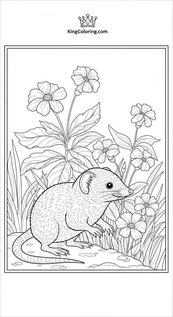 Shrew Standing Near Flowering Plants Printable Coloring Page