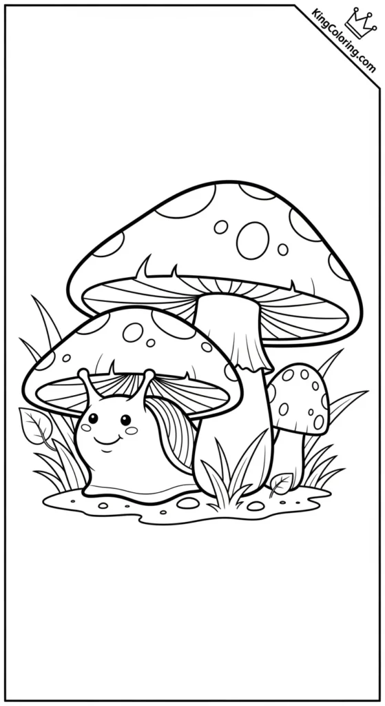Slug Hiding Under Mushroom Printable Coloring Page.