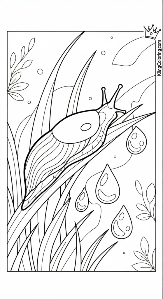 Slug Near Dew Drops On Grass Coloring Page For Kids