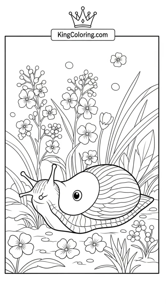 Slug Near Tiny Flowers Coloring Page