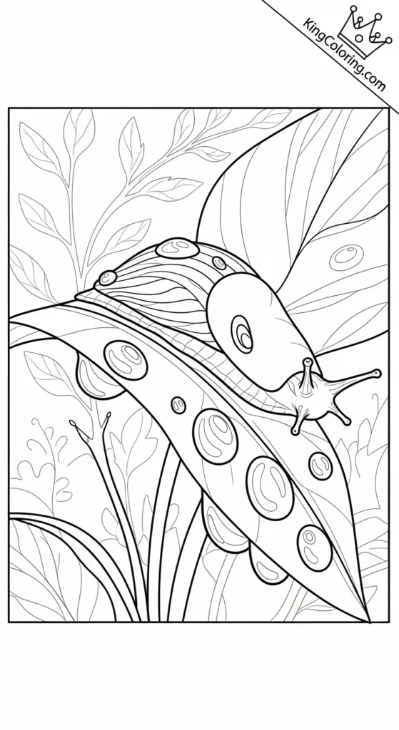 Slug Near Water Droplets On Plant Coloring Page