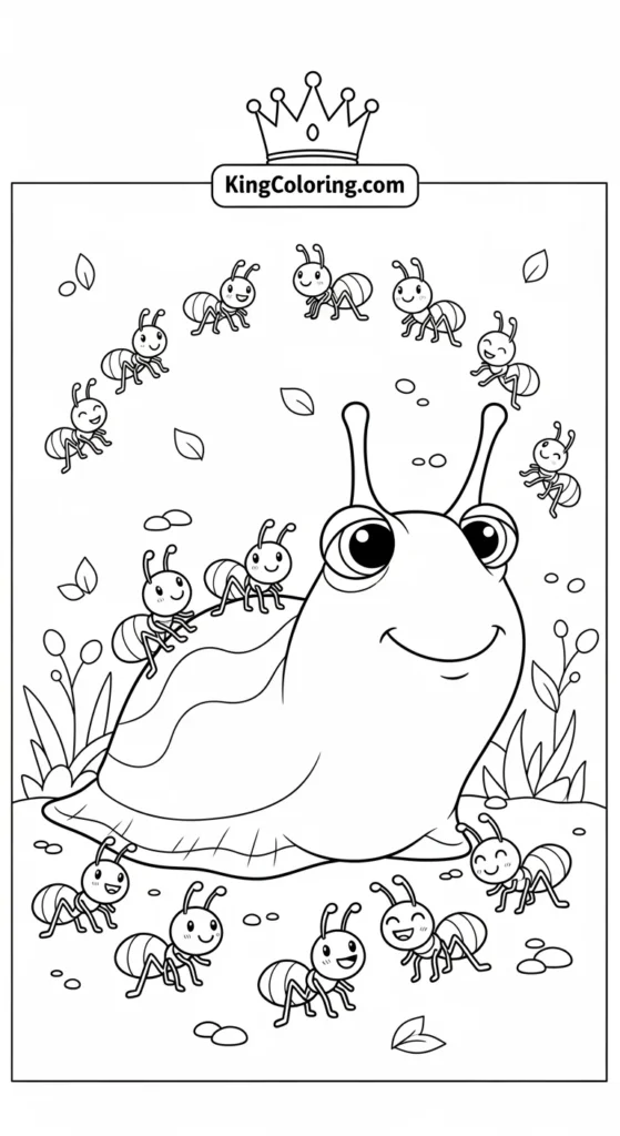 Slug With Tiny Ants Around Coloring Sheet
