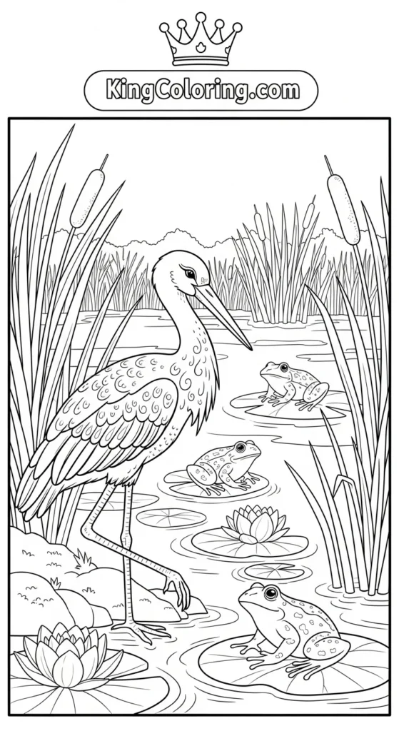 Stork And Frogs In Marsh Scene Coloring Sheet,