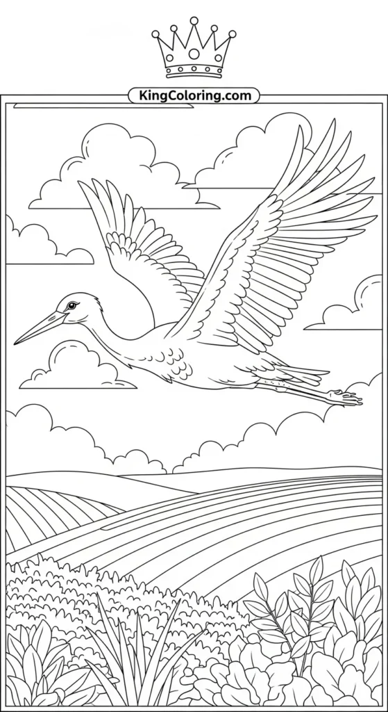 Stork Flying Above Countryside Fields Coloring Sheet