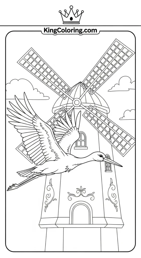 Stork Flying Near Windmill Printable Coloring Page