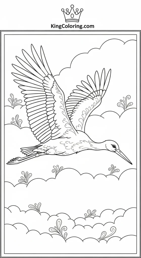 Stork Flying Through Morning Mist Printable Coloring Page