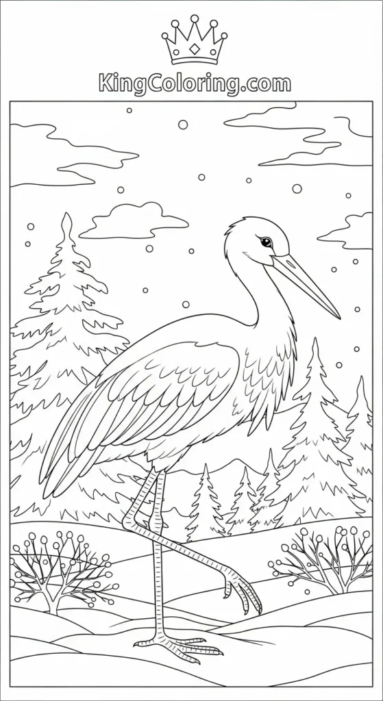 Stork In Snowy Landscape Coloring Sheet