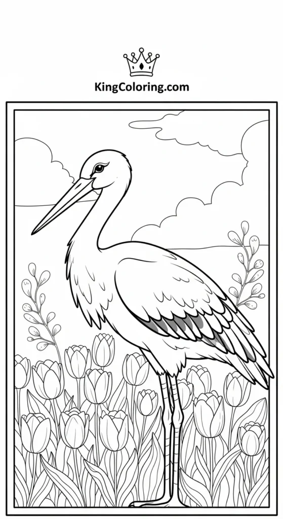 Stork Near Field Of Tulips Printable Coloring Page