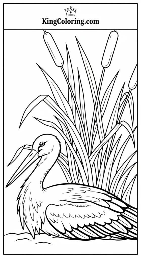 Stork Resting Near Tall Reeds Printable Coloring Page