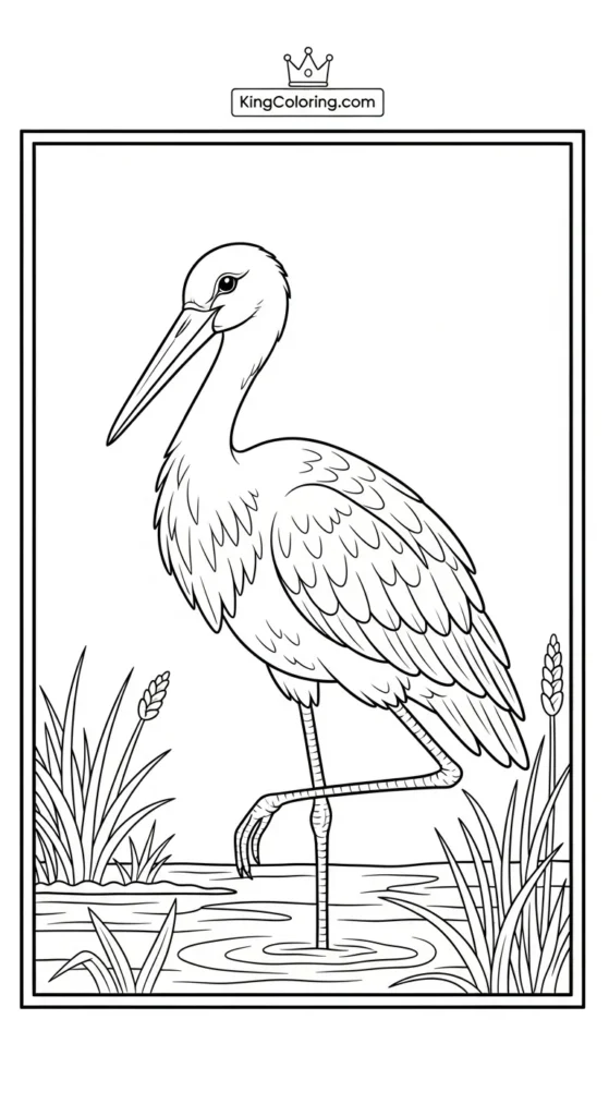 Stork Standing On One Leg In A Marsh Coloring Page