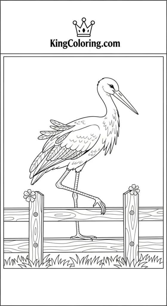 Stork Walking Along Farm Fence Printable Coloring Page