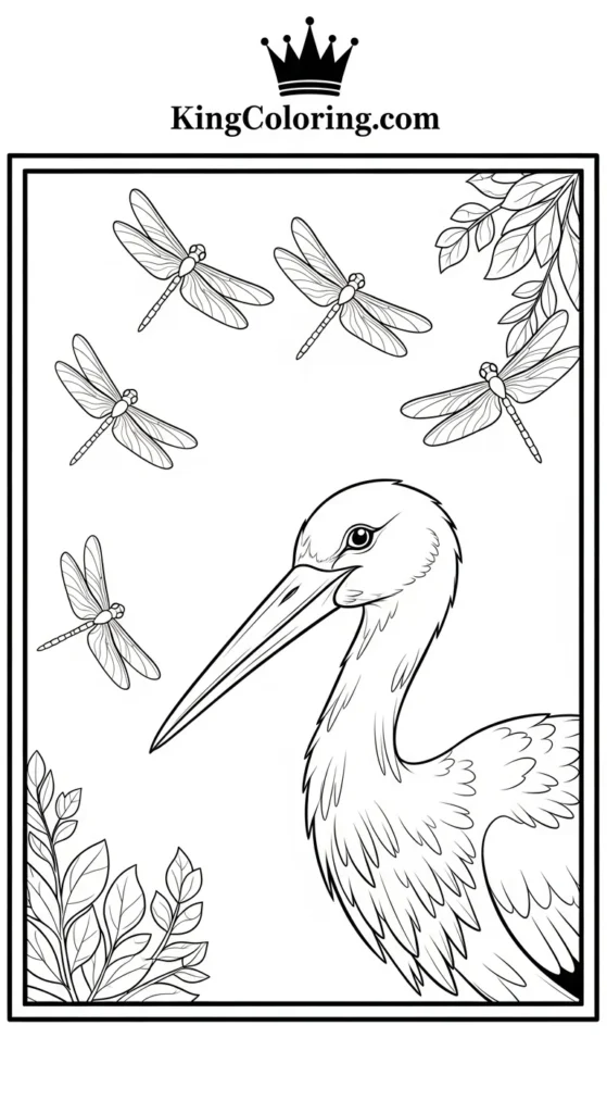 Stork Watching Dragonflies Hover Coloring Page