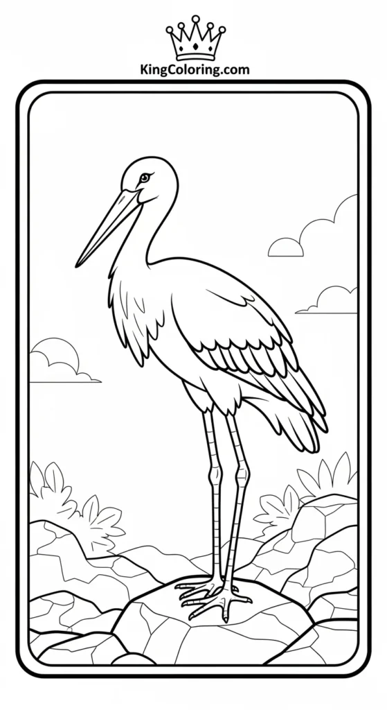 Stork With Long Legs Standing On Rocks Coloring Page