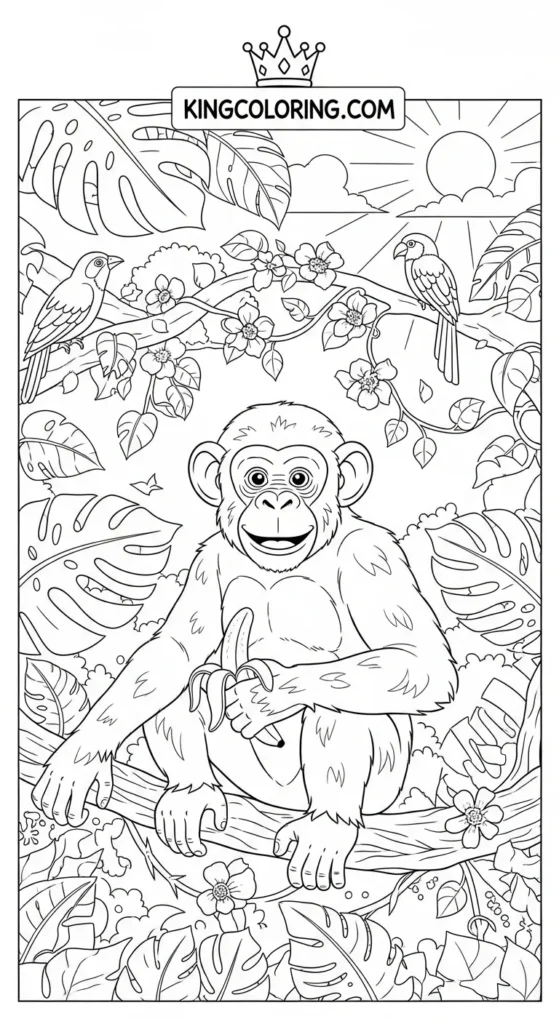 Sunny Jungle Scene Featuring A Chimpanzee Printable Coloring Page.