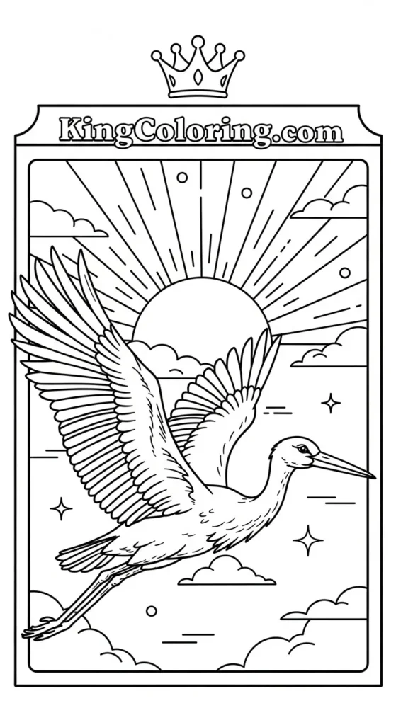 Sunrise Behind A Soaring Stork Coloring Page