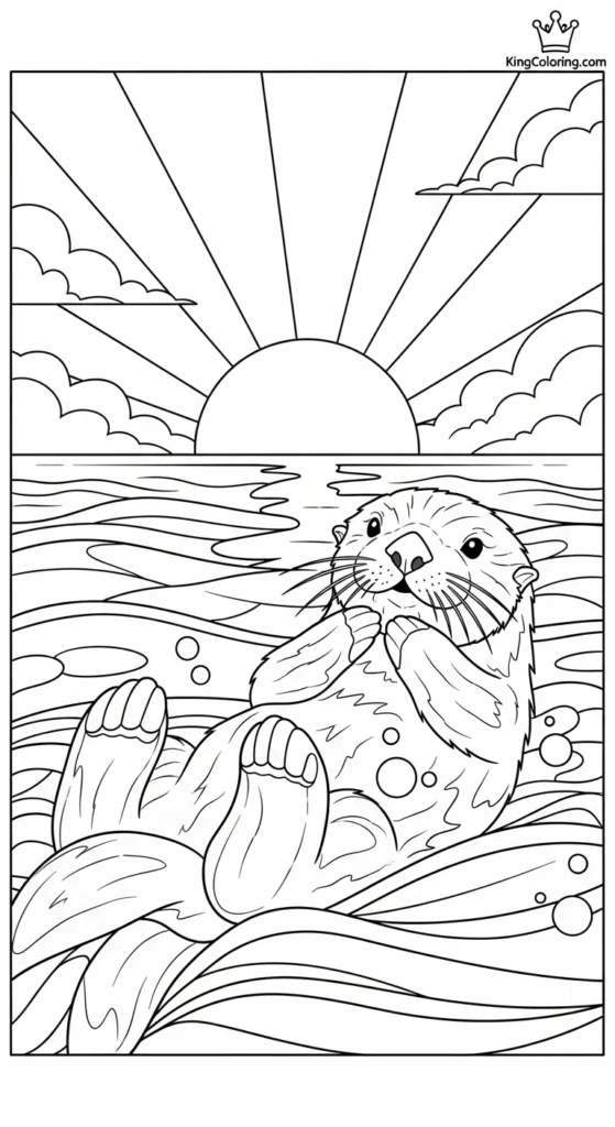 Sunset Over The Ocean With A Floating Sea Otter Coloring Page.