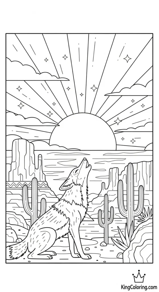 Sunset Scene Featuring A Lone Coyote Printable Coloring Page