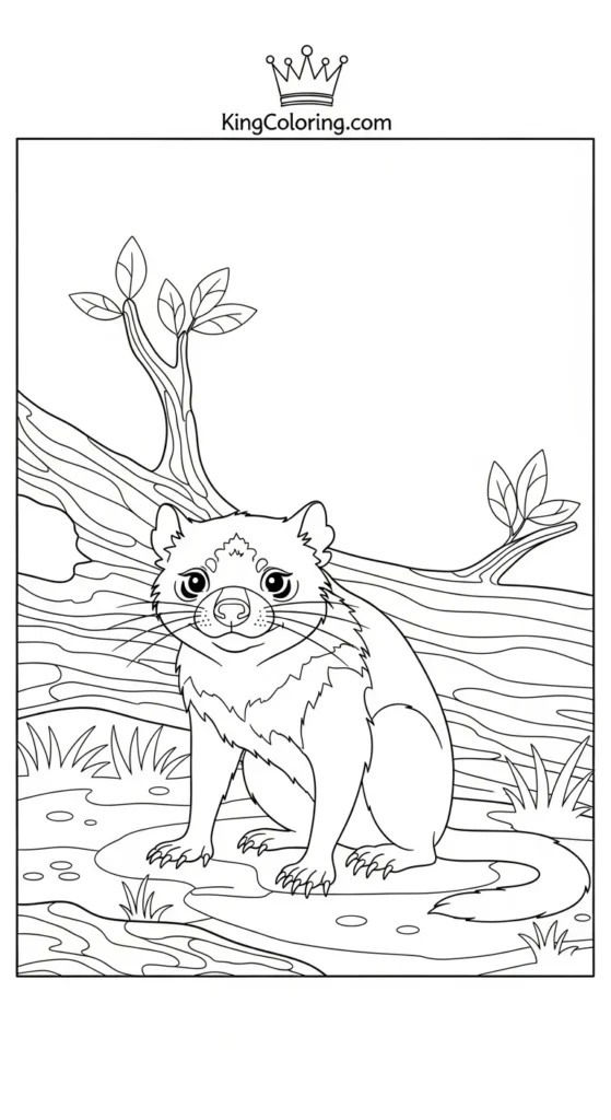 Tasmanian Devil Sitting Beside Fallen Tree Coloring Sheet