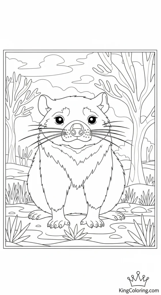 Tasmanian Devil Walking Through Bushland Coloring Page.