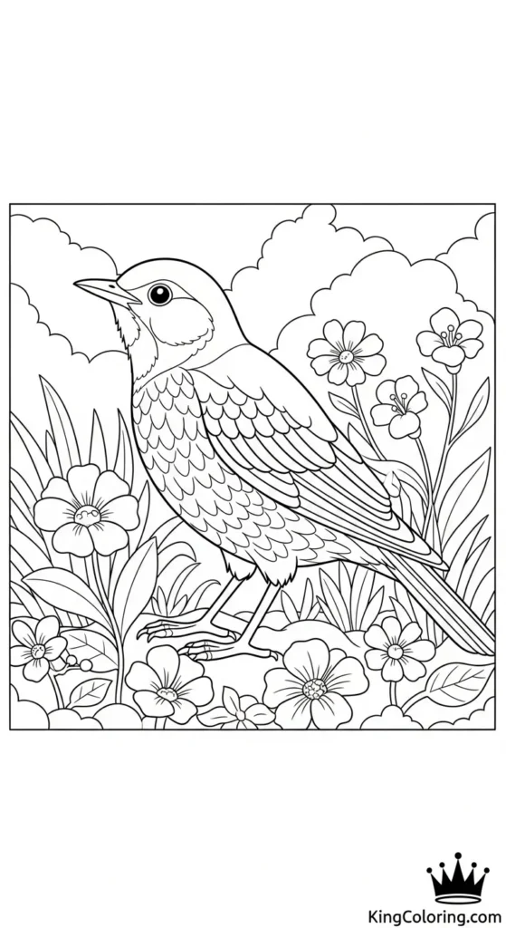 Thrush Exploring A Flower Bed Coloring Page