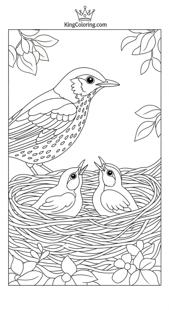 Thrush Feeding Chicks In Nest Printable Coloring Page.