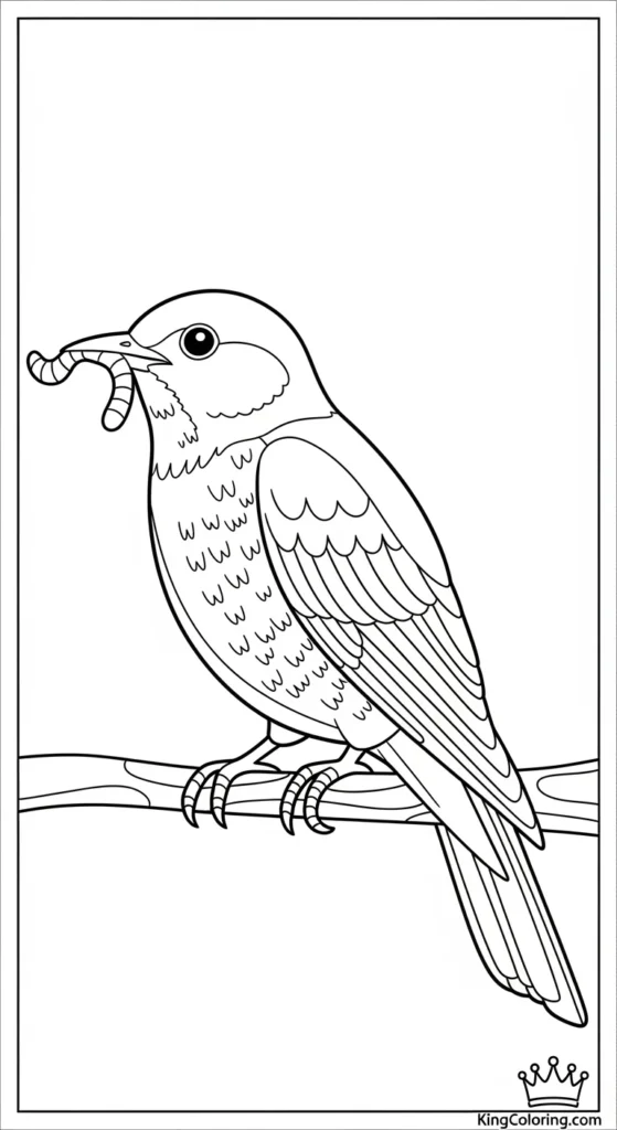 Thrush Holding A Worm In Beak Printable Coloring Page.