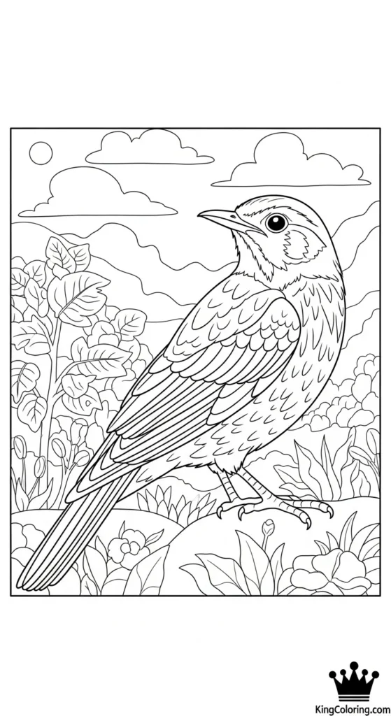 Thrush Looking Toward Distant Hills Coloring Page.