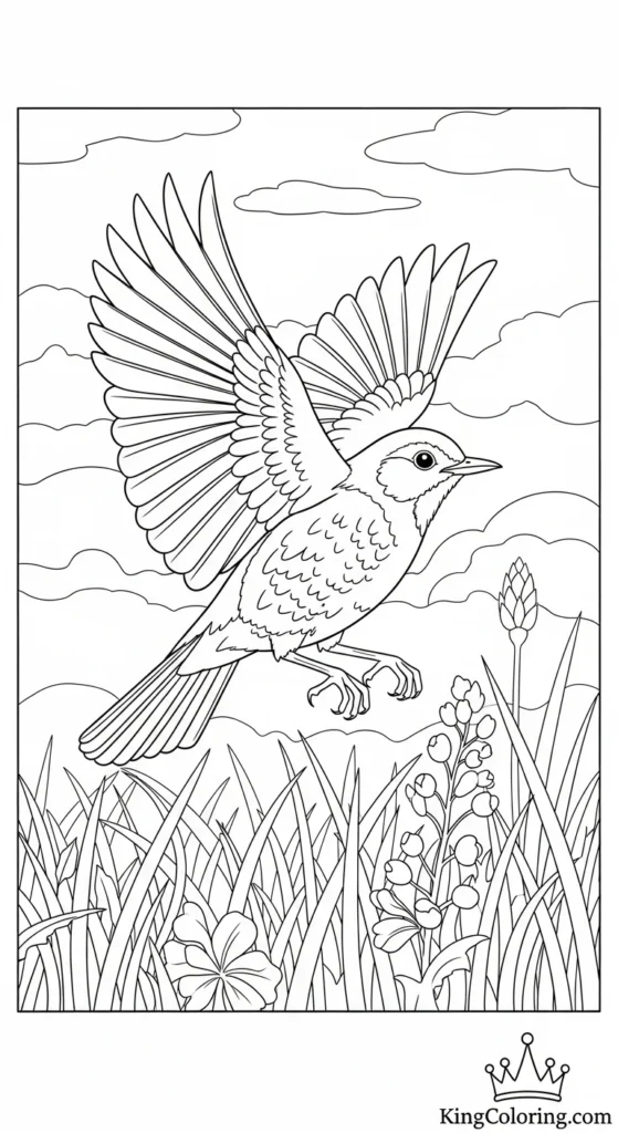 Thrush Mid-Flight Over Meadow Coloring Page.