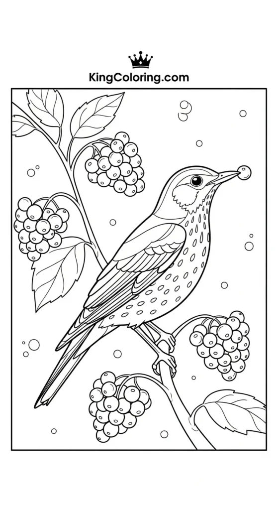 Thrush Perched On A Berry Branch Coloring Page.