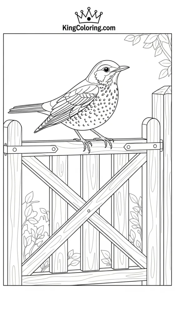 Thrush Resting On Garden Gate Printable Coloring Page.