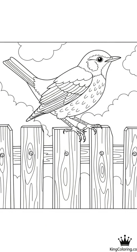 Thrush Sitting On Wooden Fence Printable Coloring Page.