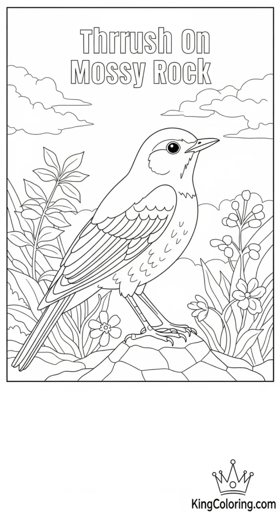 Thrush Standing On Mossy Rock Coloring Page.