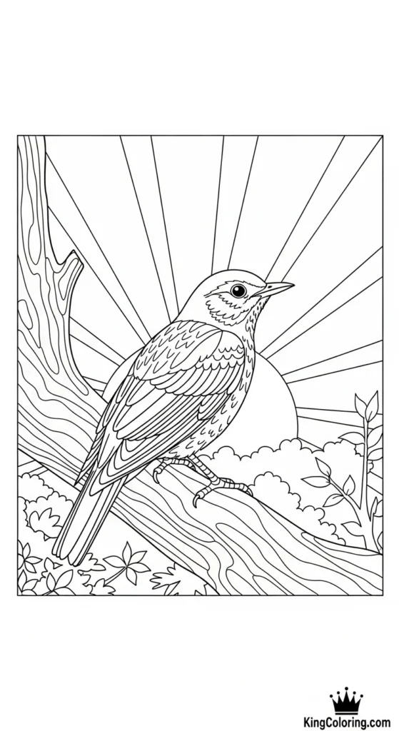 Thrush Watching Sunrise From Tree Top Coloring Sheet.
