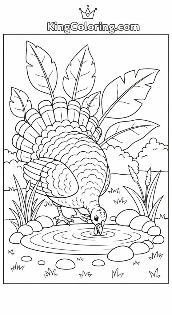 Turkey Drinking From Small Pond Coloring Sheet.