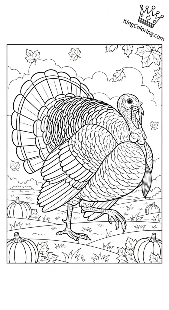 Turkey Mid-Step Across Autumn Field Printable Coloring Page.