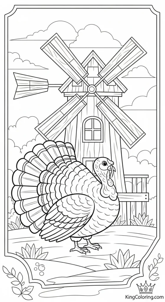 Turkey Near A Rustic Windmill Printable Coloring Page.