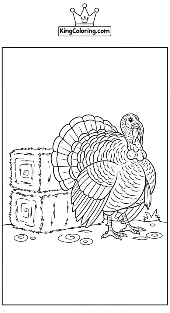Turkey Standing Beside Hay Bales Coloring Page.