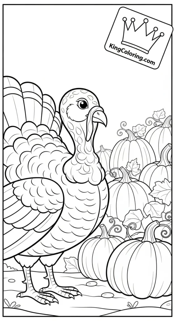Turkey Standing Near Pumpkin Patch Printable Coloring Page.