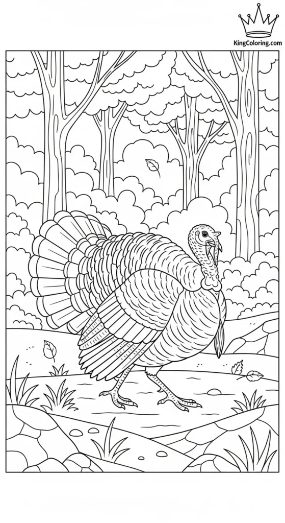 Turkey Walking Through Woodland Clearing Printable Coloring Page