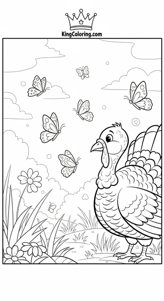 Turkey Watching Butterflies In Field Printable Coloring Page.