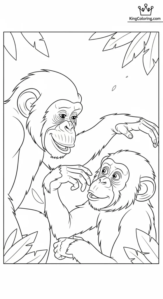 Two Chimpanzees Playing Together Printable Coloring Page.
