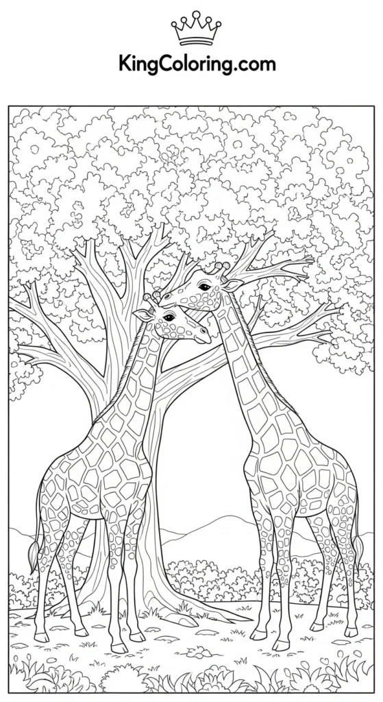 Two Giraffes Sharing A Tree Coloring Page For Kids