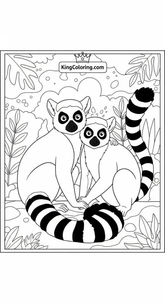 Two Lemurs Sitting Together Coloring Page.