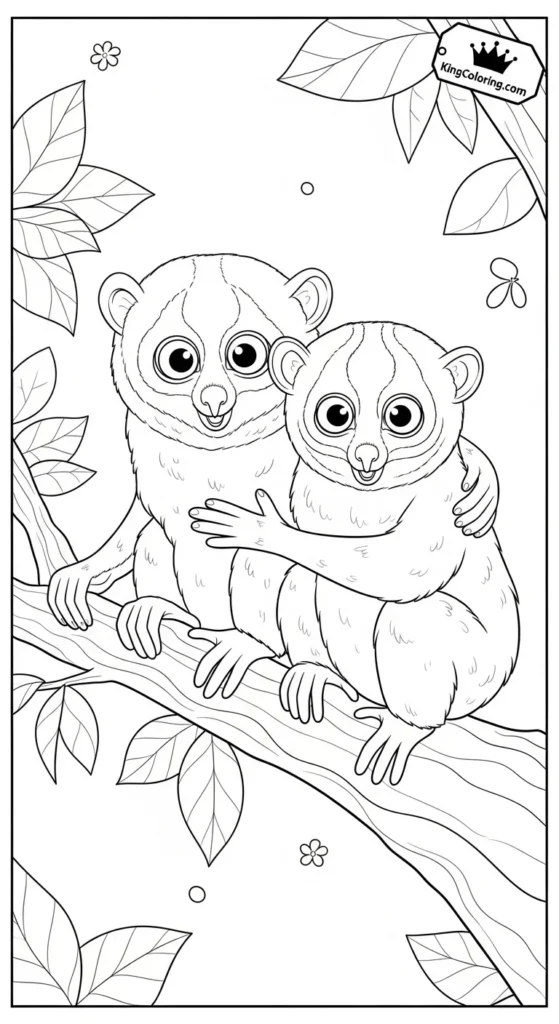 Two Loris Friends On A Branch Coloring Sheet.